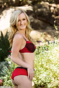 Skylar Green takes off her sexy red lingerie outdoors and shows off her pink.